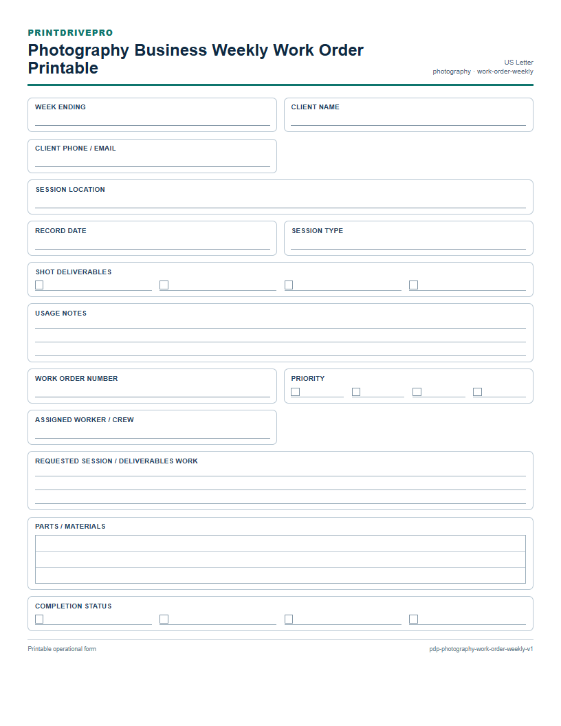 Photography Business Weekly Work Order Printable preview