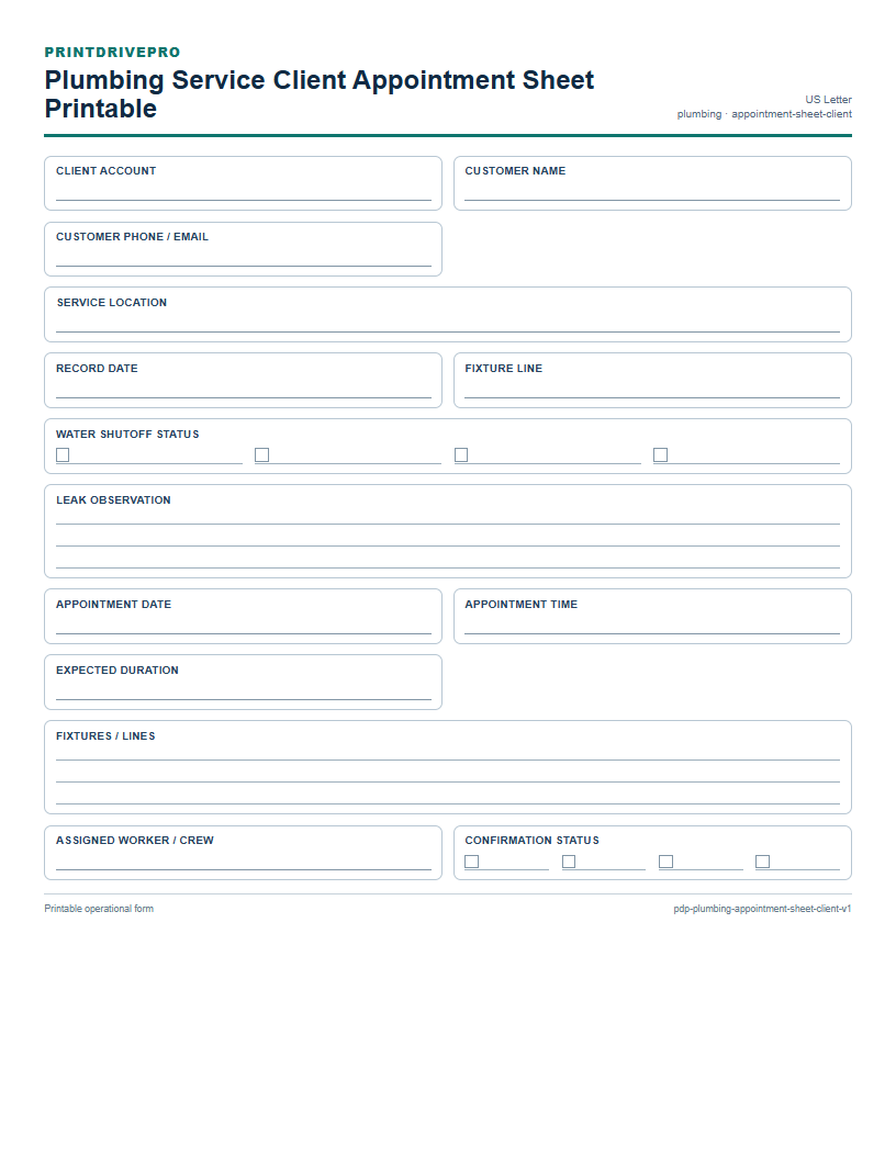 Plumbing Service Client Appointment Sheet Printable preview
