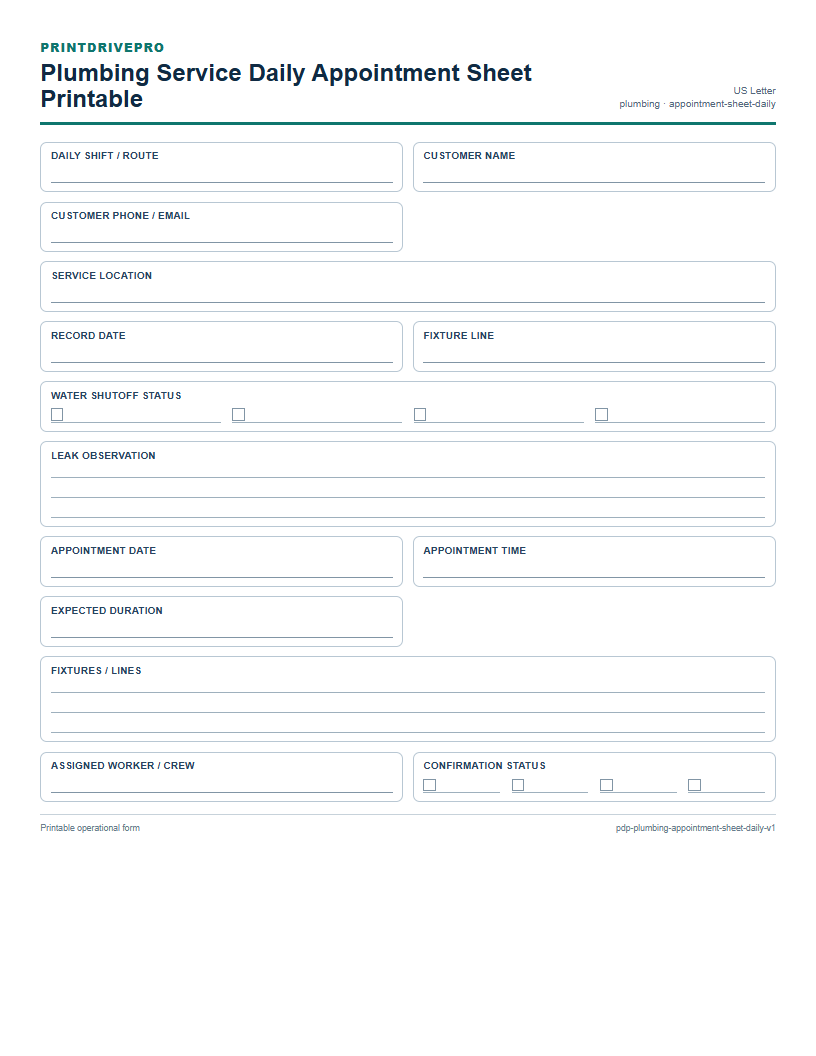 Plumbing Service Daily Appointment Sheet Printable preview