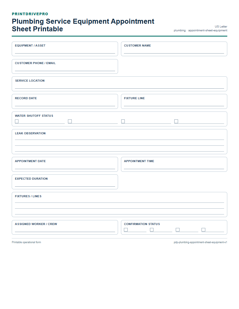 Plumbing Service Equipment Appointment Sheet Printable preview