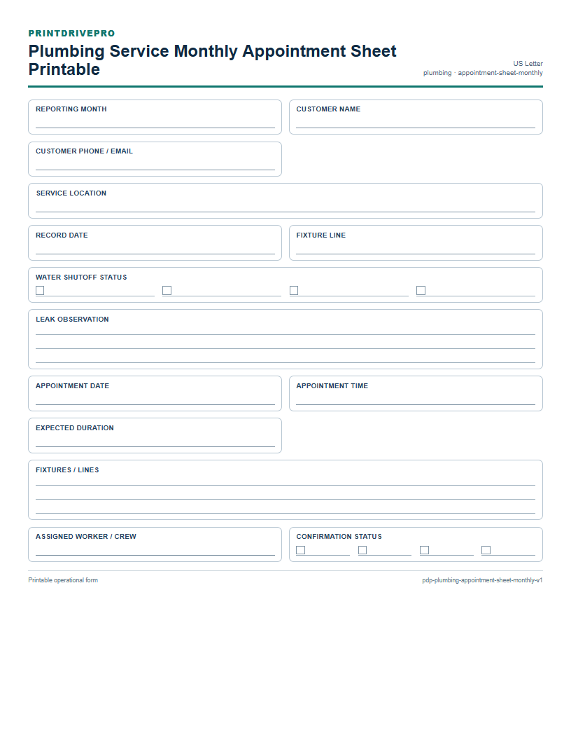 Plumbing Service Monthly Appointment Sheet Printable preview