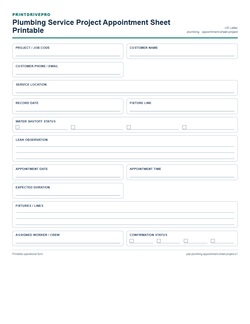 Plumbing Service Project Appointment Sheet Printable preview