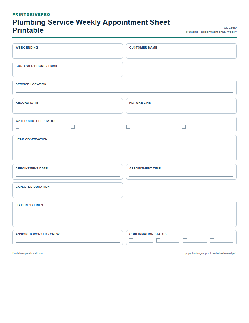 Plumbing Service Weekly Appointment Sheet Printable preview