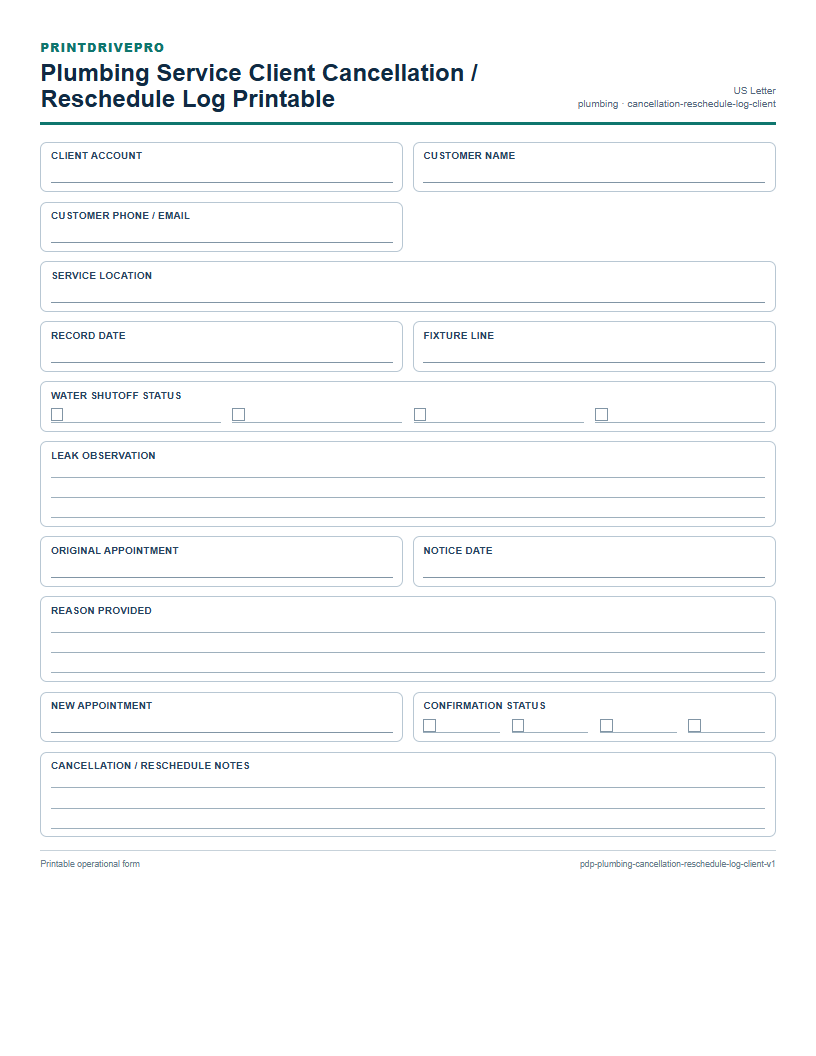 Plumbing Service Client Cancellation / Reschedule Log Printable preview