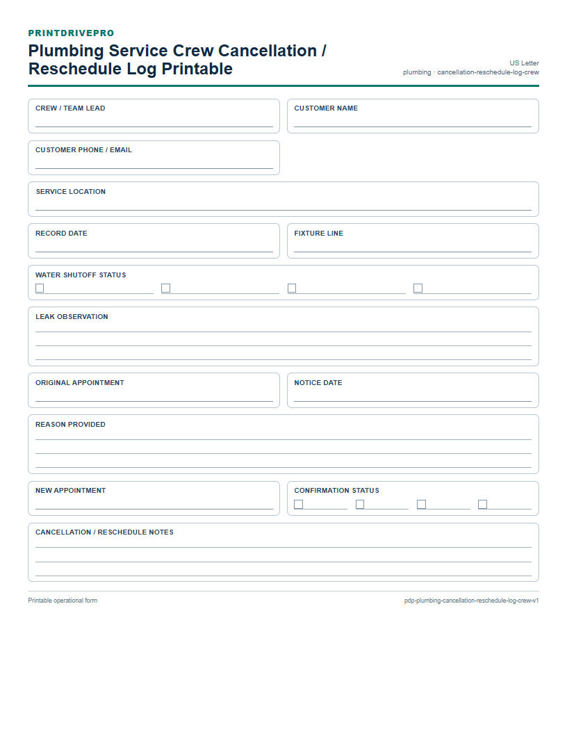 Plumbing Service Crew Cancellation / Reschedule Log Printable preview