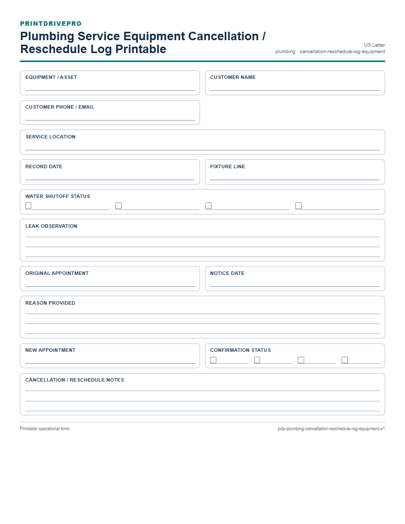 Plumbing Service Equipment Cancellation / Reschedule Log Printable preview