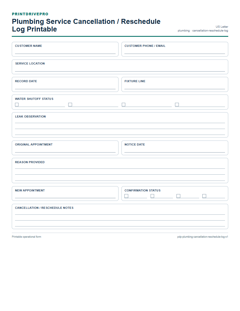 Plumbing Service Cancellation / Reschedule Log Printable preview
