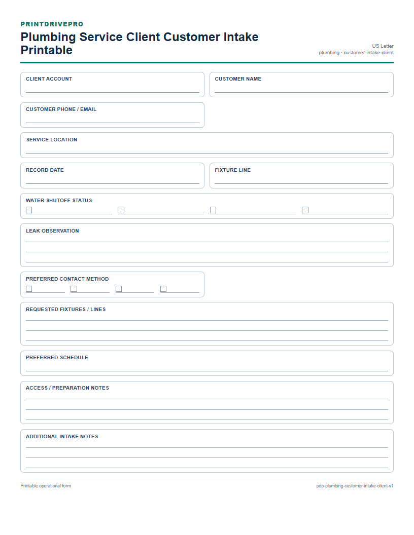Plumbing Service Client Customer Intake Printable preview
