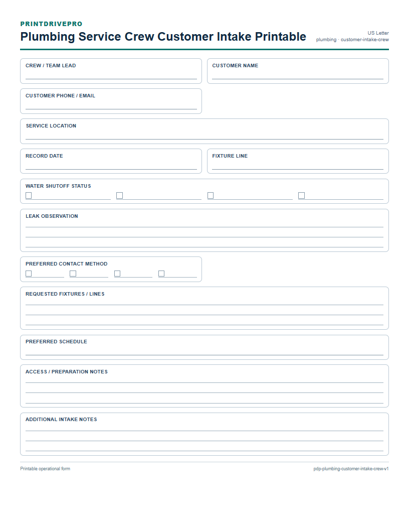 Plumbing Service Crew Customer Intake Printable preview