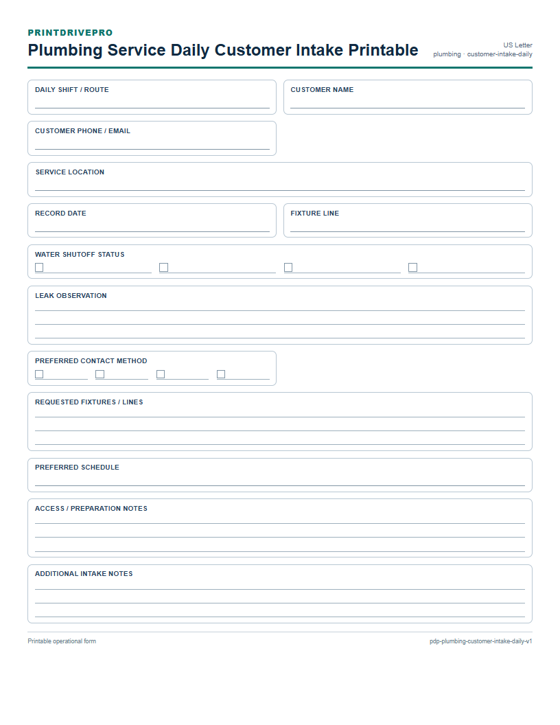 Plumbing Service Daily Customer Intake Printable preview