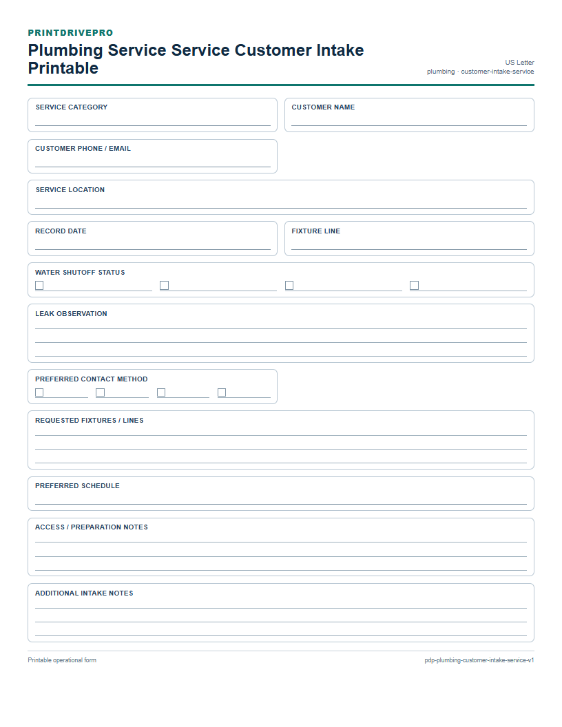 Plumbing Service Service Customer Intake Printable preview