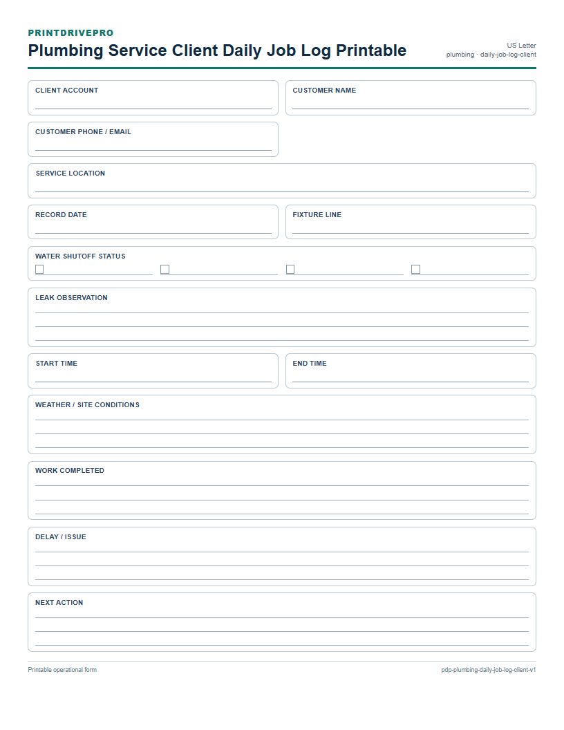Plumbing Service Client Daily Job Log Printable preview