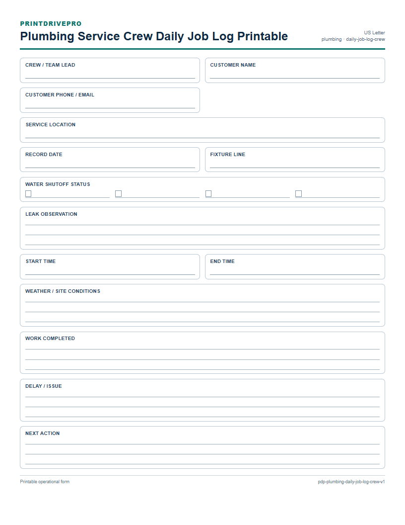 Plumbing Service Crew Daily Job Log Printable preview