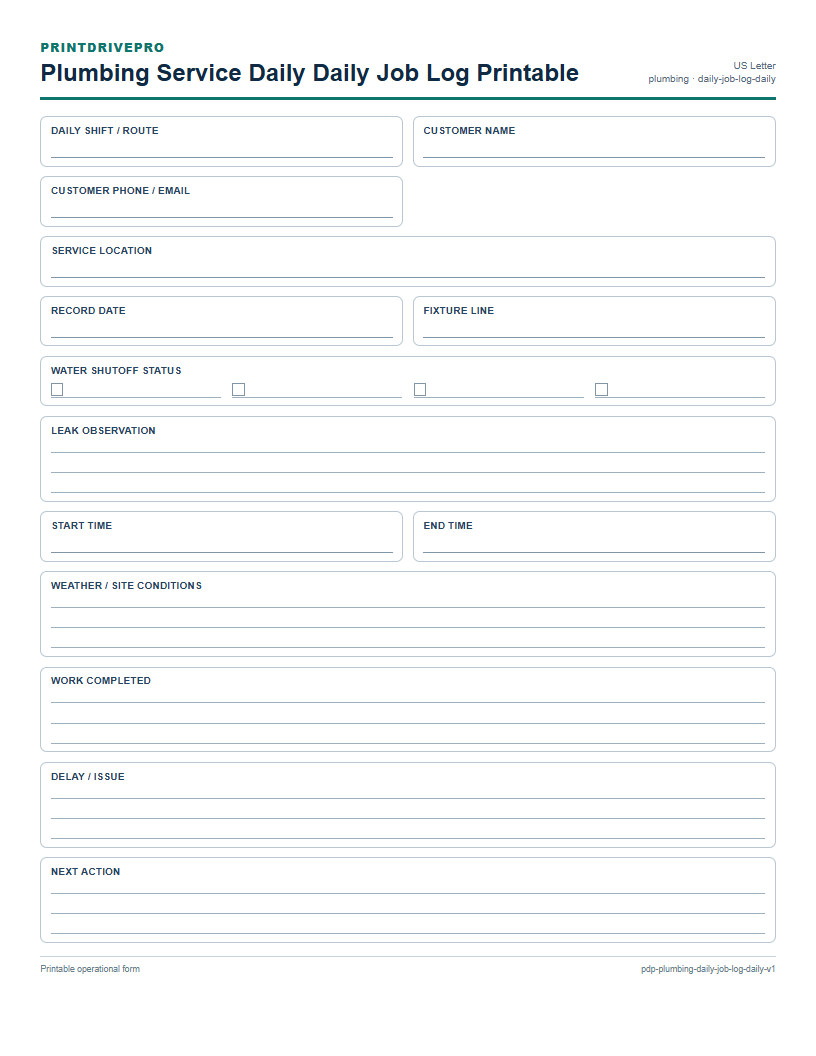 Plumbing Service Daily Daily Job Log Printable preview