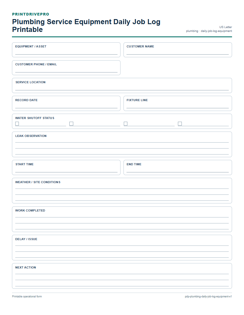 Plumbing Service Equipment Daily Job Log Printable preview