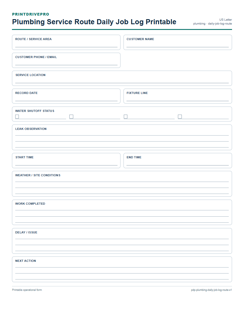 Plumbing Service Route Daily Job Log Printable preview