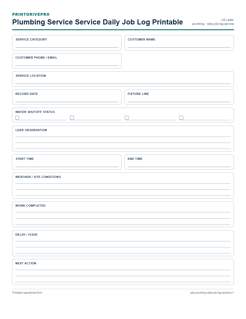 Plumbing Service Service Daily Job Log Printable preview