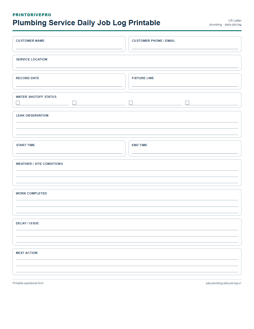 Plumbing Service Daily Job Log Printable preview