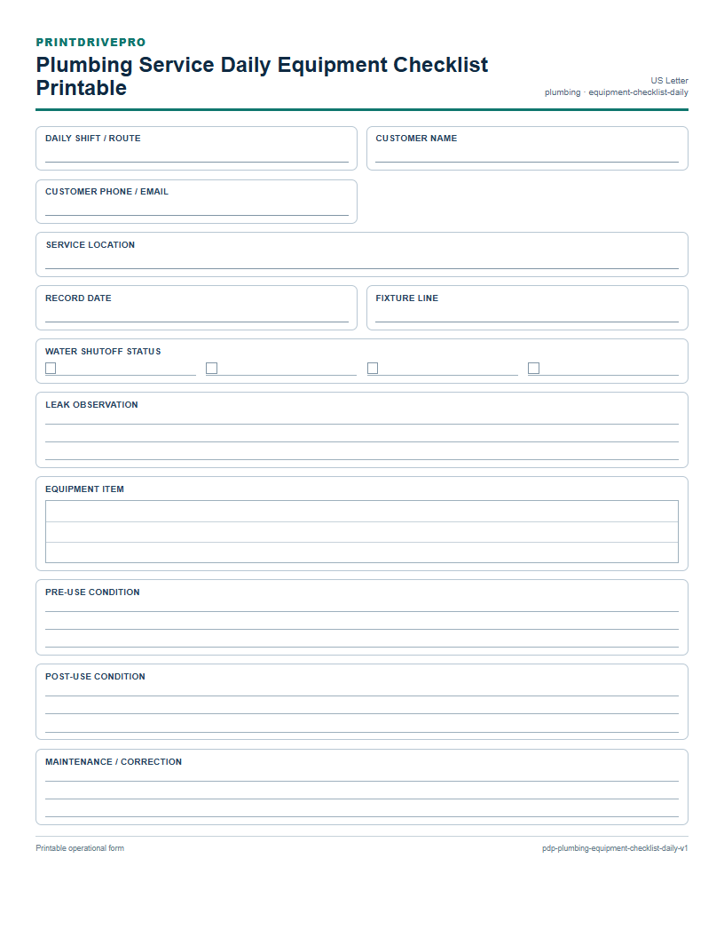 Plumbing Service Daily Equipment Checklist Printable preview