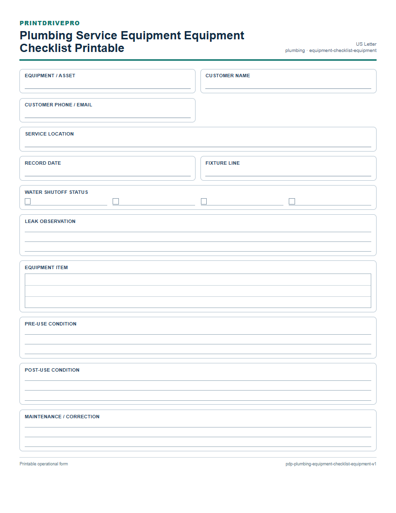 Plumbing Service Equipment Equipment Checklist Printable preview