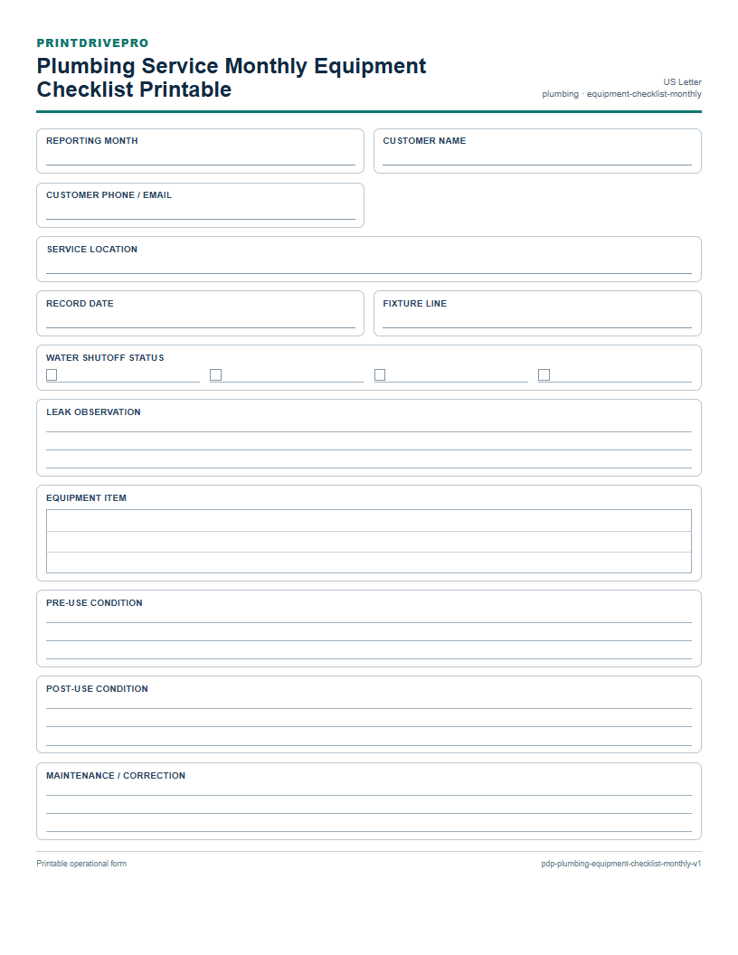 Plumbing Service Monthly Equipment Checklist Printable preview