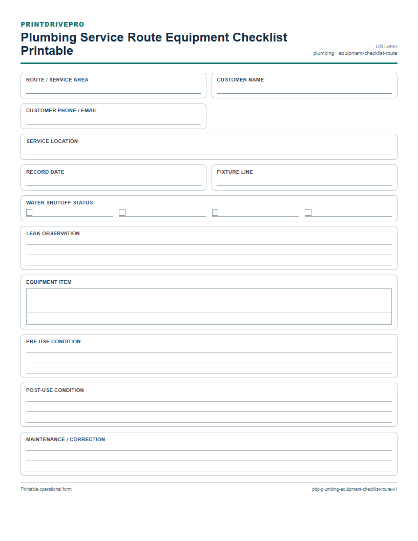 Plumbing Service Route Equipment Checklist Printable preview