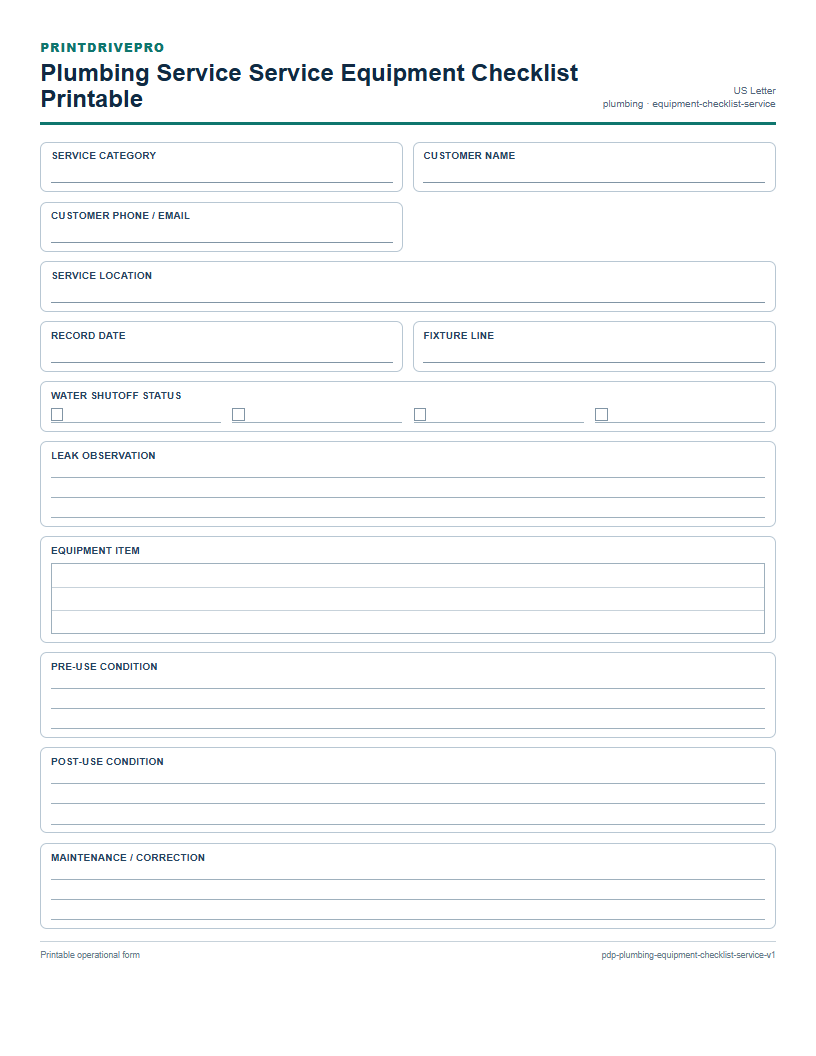 Plumbing Service Service Equipment Checklist Printable preview