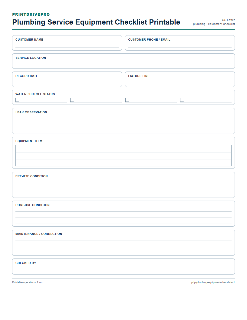 Plumbing Service Equipment Checklist Printable preview