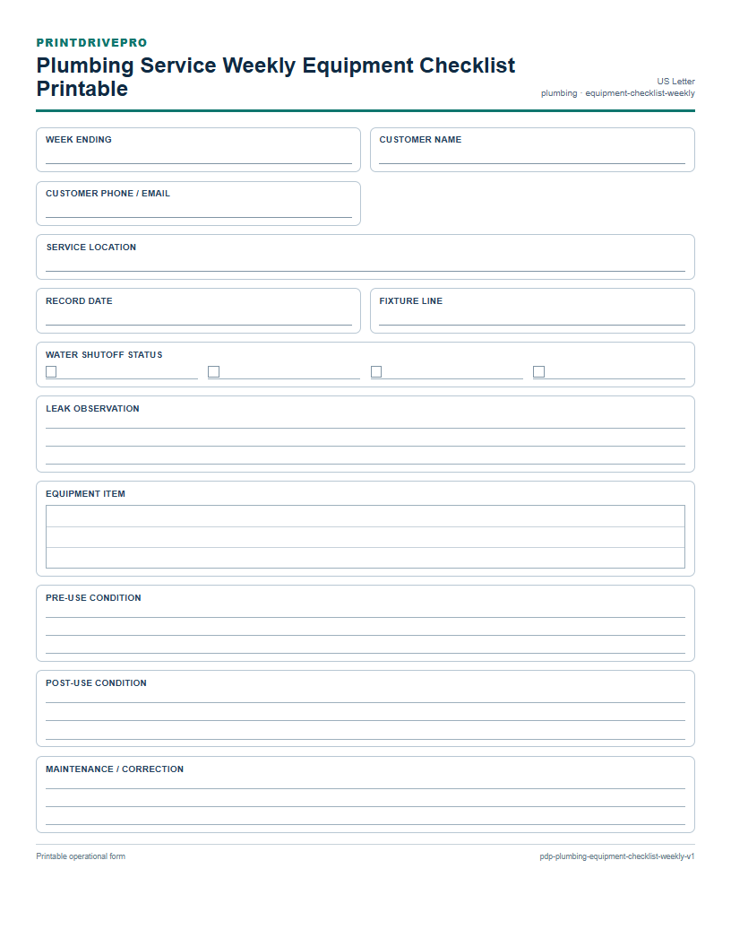 Plumbing Service Weekly Equipment Checklist Printable preview