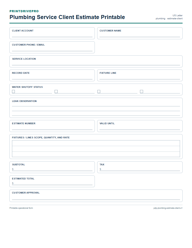 Plumbing Service Client Estimate Printable preview