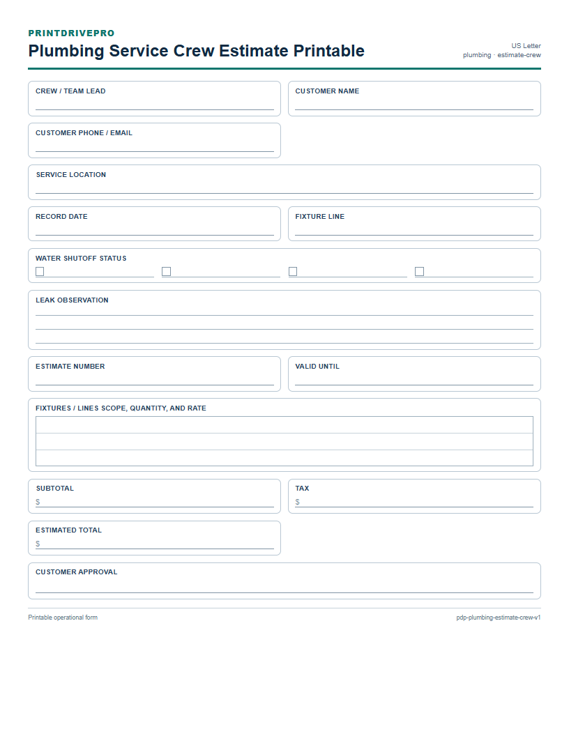 Plumbing Service Crew Estimate Printable preview