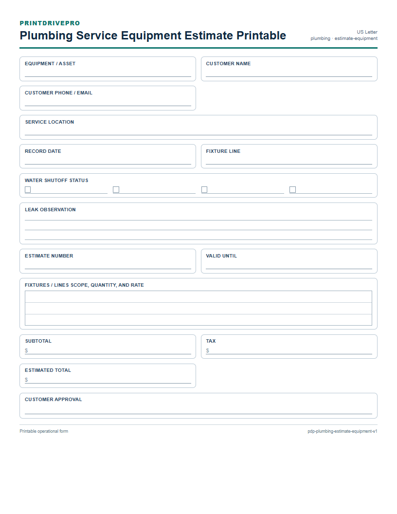 Plumbing Service Equipment Estimate Printable preview