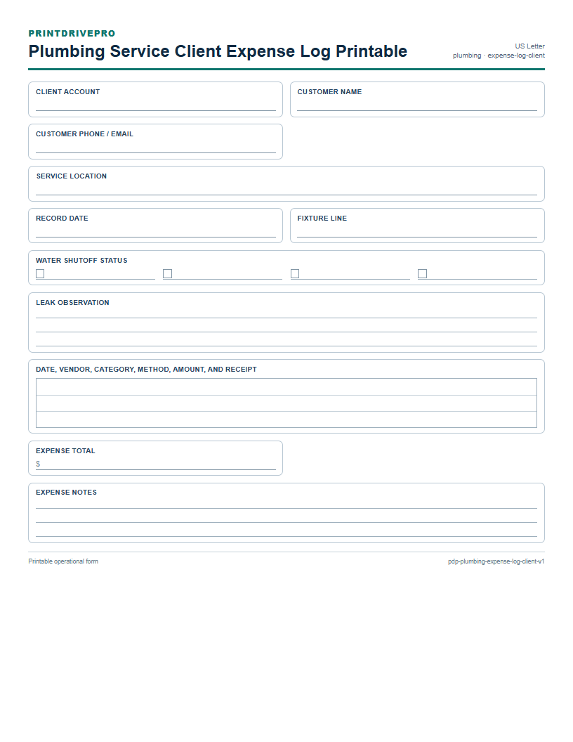 Plumbing Service Client Expense Log Printable preview