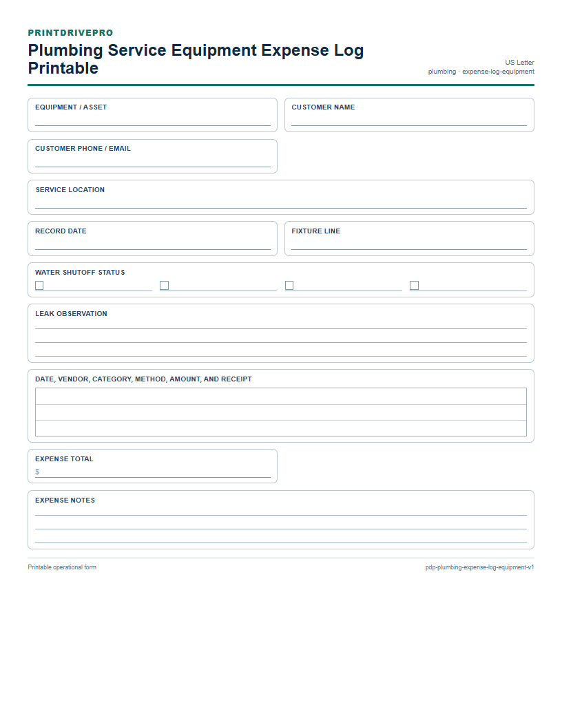 Plumbing Service Equipment Expense Log Printable preview