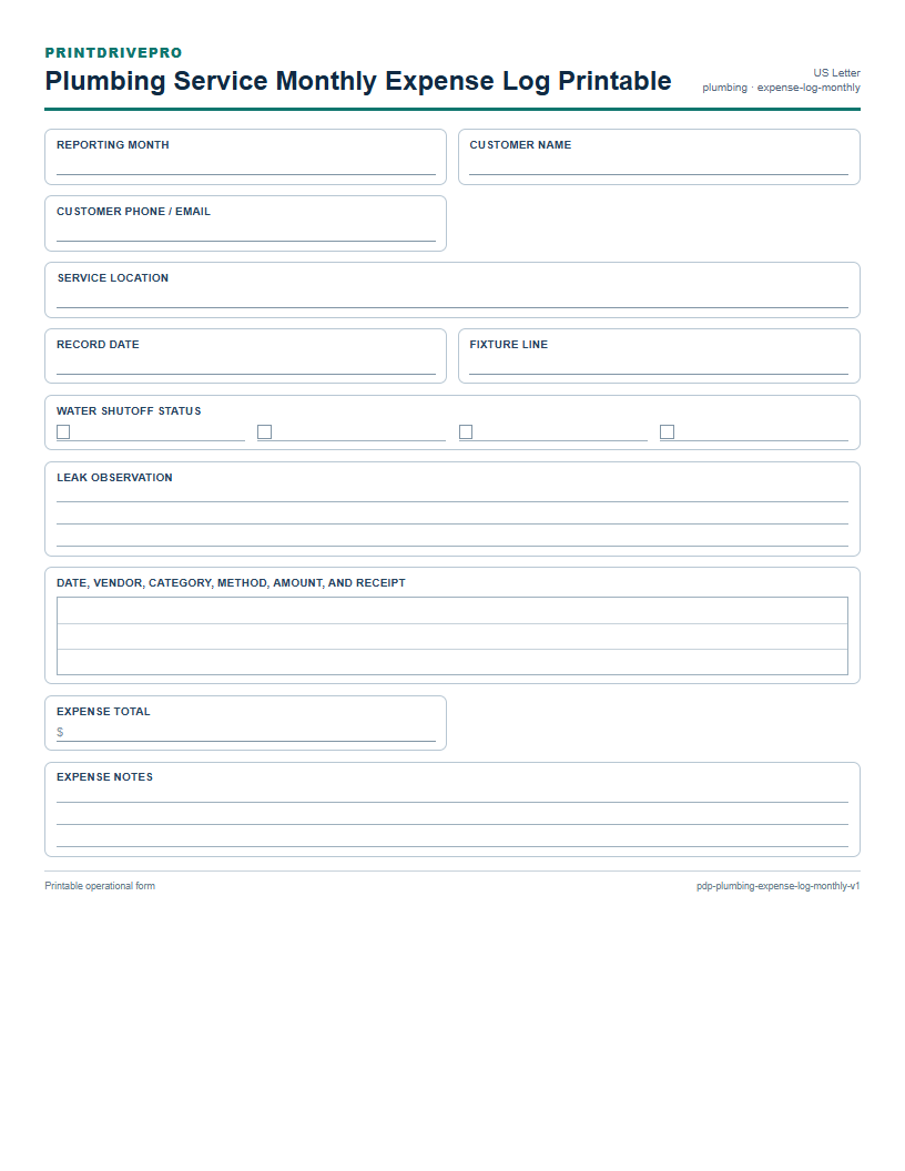 Plumbing Service Monthly Expense Log Printable preview