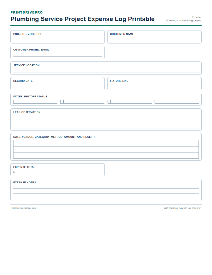 Plumbing Service Project Expense Log Printable preview
