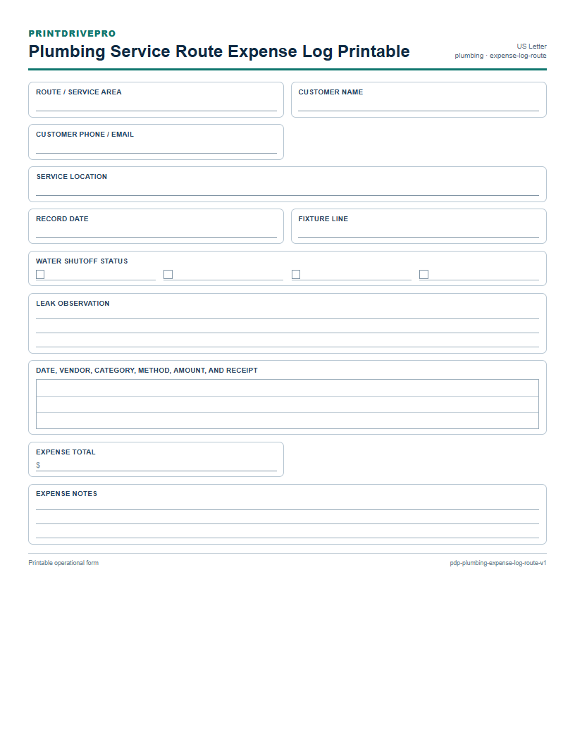 Plumbing Service Route Expense Log Printable preview
