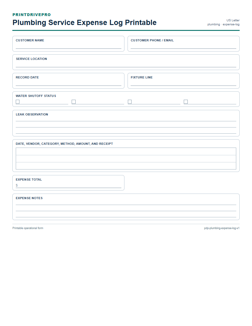Plumbing Service Expense Log Printable preview