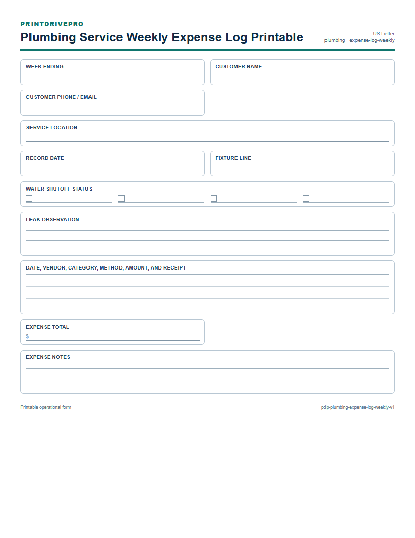 Plumbing Service Weekly Expense Log Printable preview