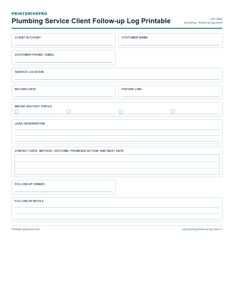Plumbing Service Client Follow-up Log Printable preview