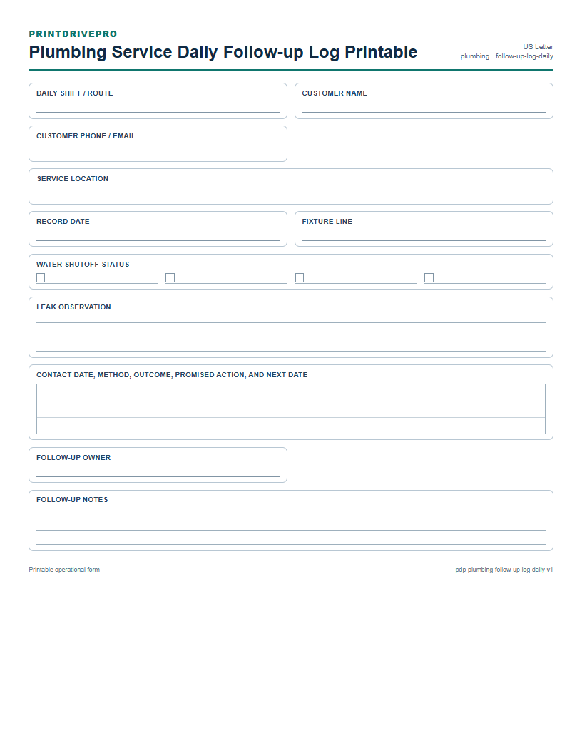 Plumbing Service Daily Follow-up Log Printable preview