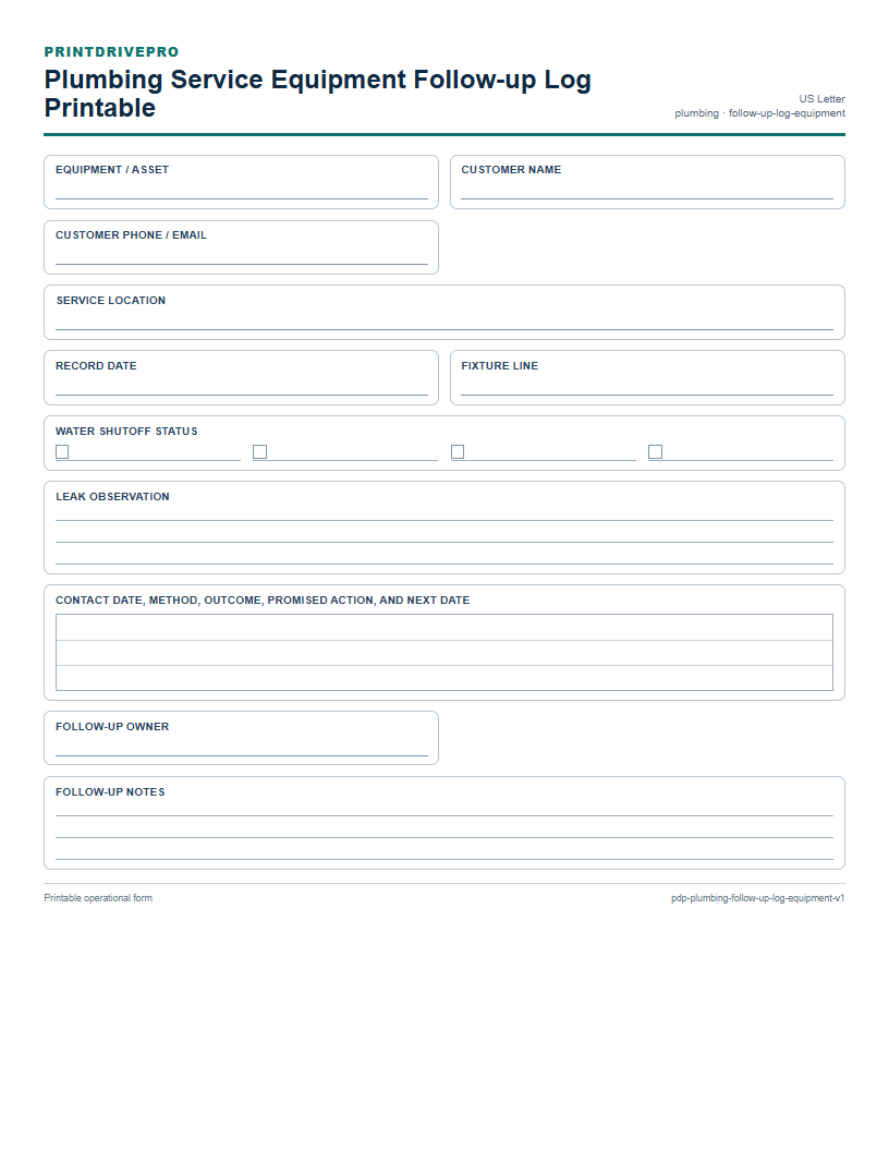 Plumbing Service Equipment Follow-up Log Printable preview