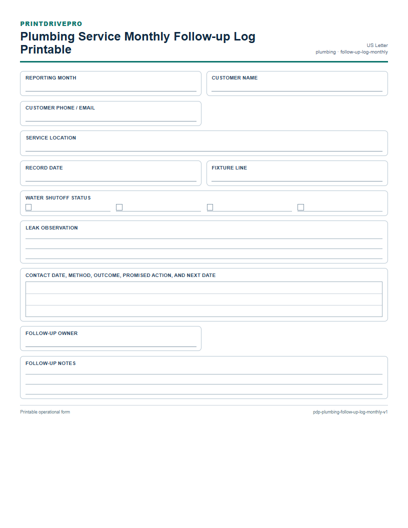 Plumbing Service Monthly Follow-up Log Printable preview