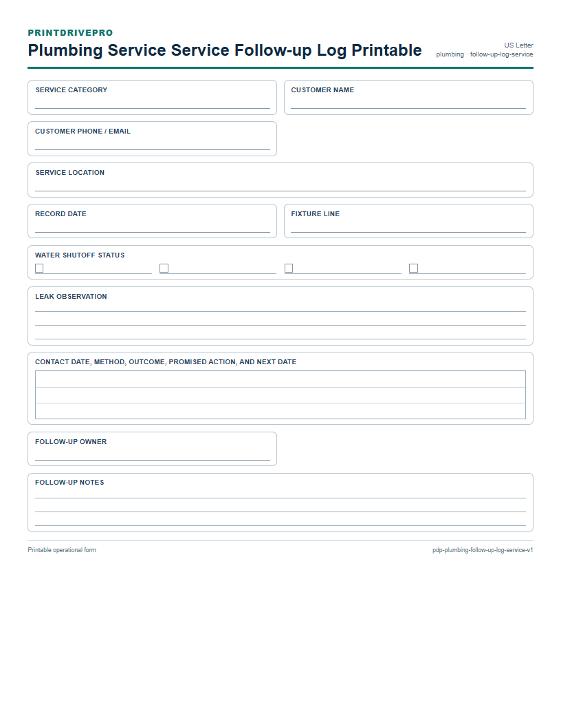 Plumbing Service Service Follow-up Log Printable preview