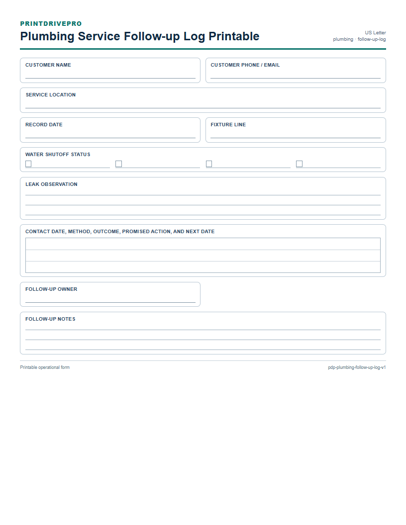 Plumbing Service Follow-up Log Printable preview
