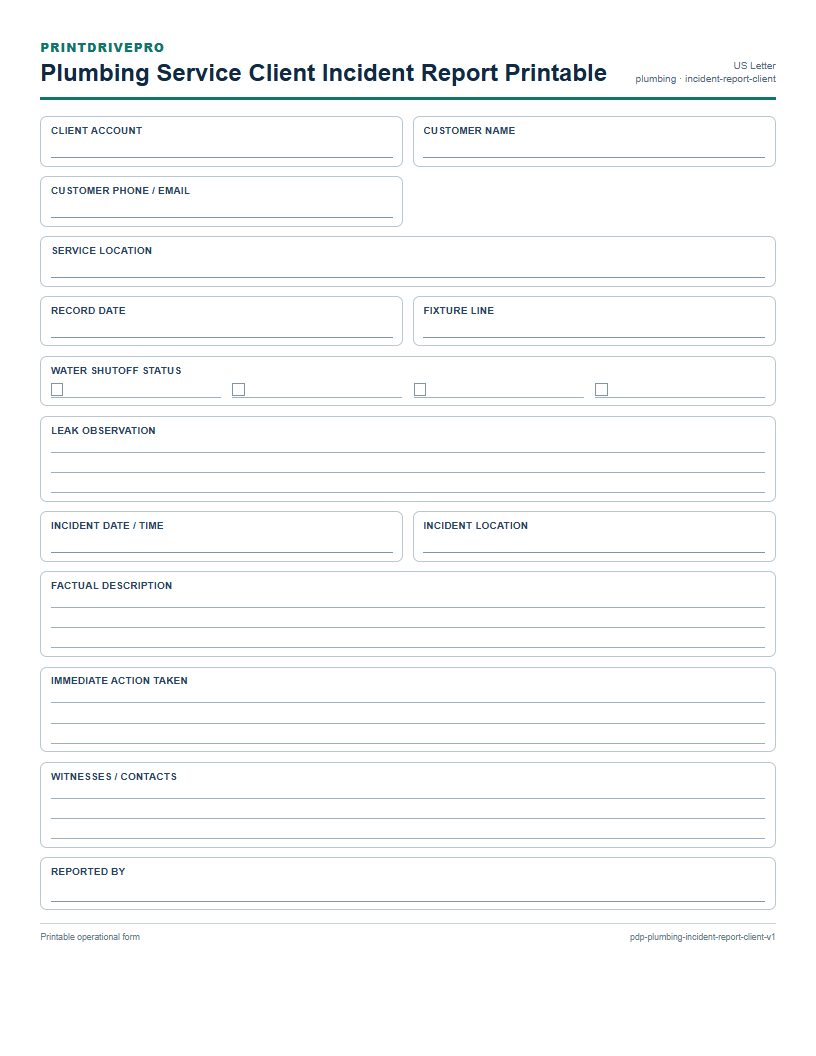 Plumbing Service Client Incident Report Printable preview