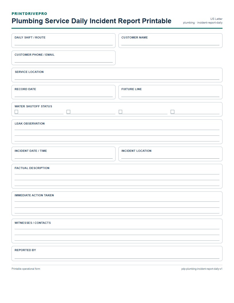 Plumbing Service Daily Incident Report Printable preview