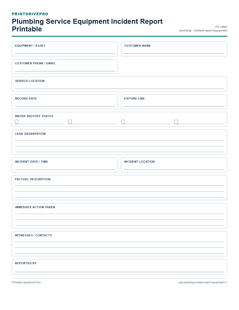 Plumbing Service Equipment Incident Report Printable preview