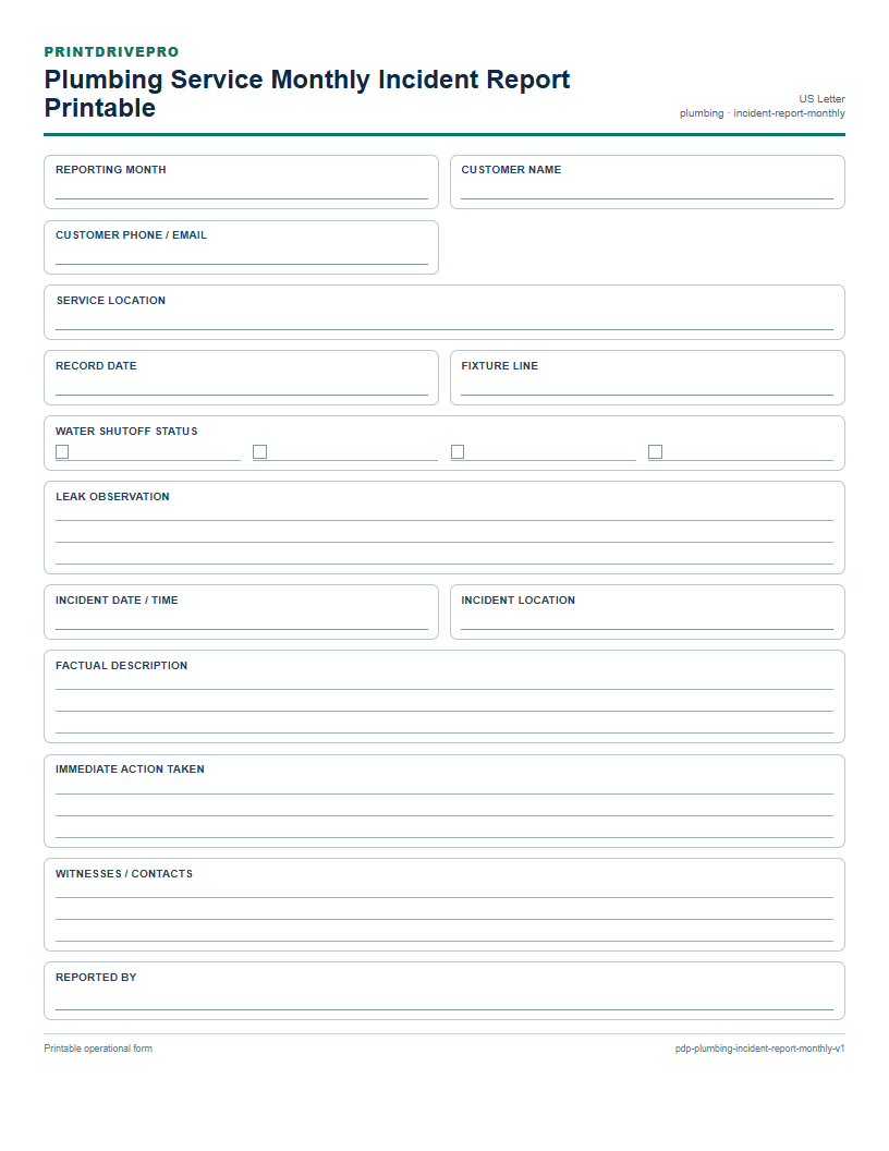 Plumbing Service Monthly Incident Report Printable preview