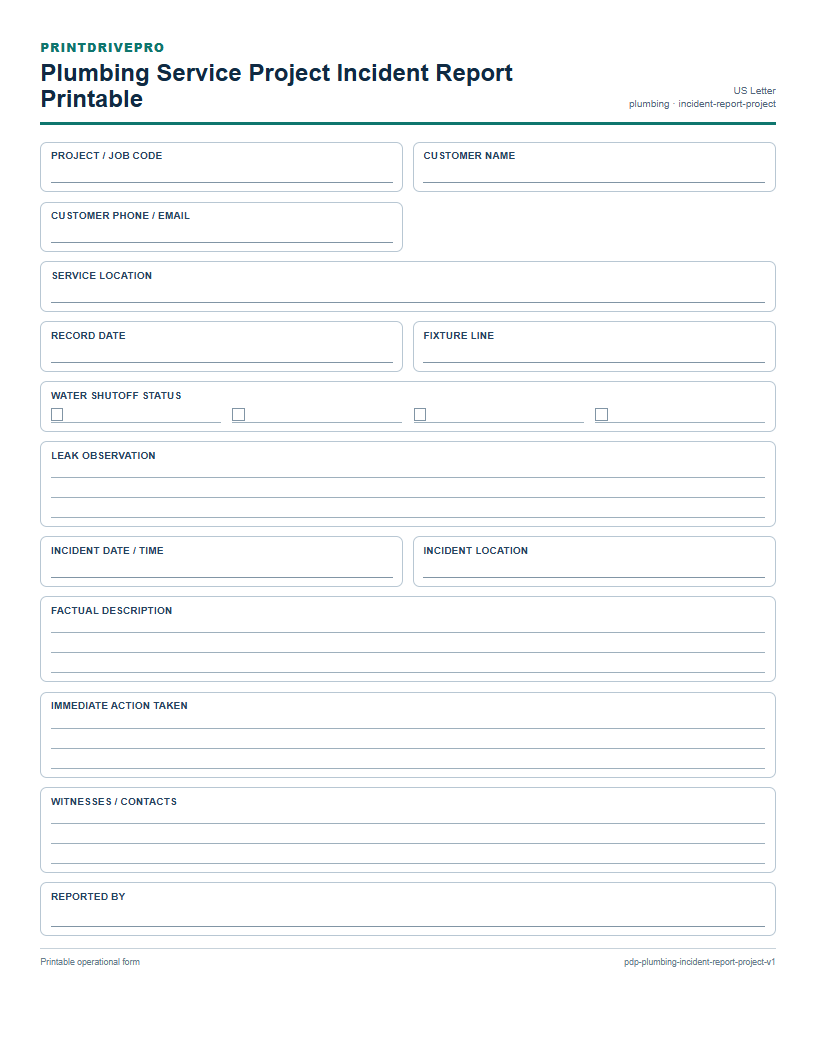 Plumbing Service Project Incident Report Printable preview